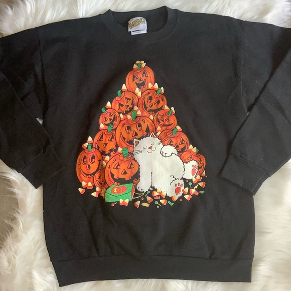 Vintage Sweaters Vintage Halloween Cat Pumpkin Candy Corn Sweater